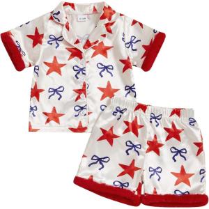 imageKuriozud Toddler Baby Girl Boy 4th of July Outfits Pajamas Set Fourth of july American Flag Button TopsShorts SleepwearStar Red a