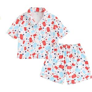 imageKuriozud Toddler Baby Girl Boy 4th of July Outfits Pajamas Set Fourth of july American Flag Button TopsShorts SleepwearUsa Flag Ice Cream White