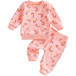 imageKuriozud Toddler Baby Girl Fall Winter Clothes Cute Print Long Sleeve Crewneck Sweatshirt and Jogger Pants Set 2 Piece OutfitChristmas Candy Cane Pink