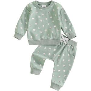 imageKuriozud Toddler Baby Girl Fall Winter Clothes Cute Print Long Sleeve Crewneck Sweatshirt and Jogger Pants Set 2 Piece OutfitDaisy Green