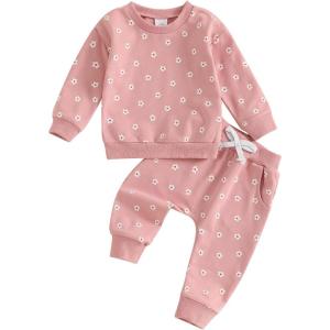 imageKuriozud Toddler Baby Girl Fall Winter Clothes Cute Print Long Sleeve Crewneck Sweatshirt and Jogger Pants Set 2 Piece OutfitDaisy Pink