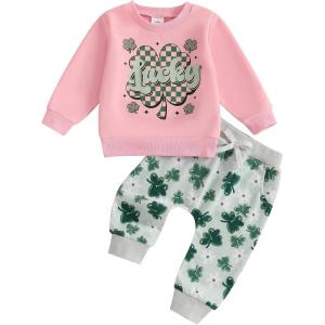 imageKuriozud Toddler Baby Girl Fall Winter Clothes Cute Print Long Sleeve Crewneck Sweatshirt and Jogger Pants Set 2 Piece OutfitSt Patricks Day Lucky Pink