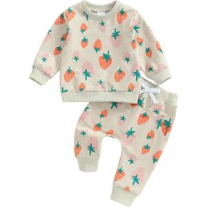 imageKuriozud Toddler Baby Girl Fall Winter Clothes Cute Print Long Sleeve Crewneck Sweatshirt and Jogger Pants Set 2 Piece OutfitStrawberry Apricot