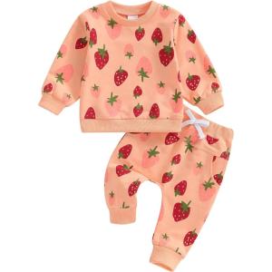 imageKuriozud Toddler Baby Girl Fall Winter Clothes Cute Print Long Sleeve Crewneck Sweatshirt and Jogger Pants Set 2 Piece OutfitStrawberry Light Orange