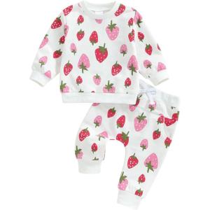 imageKuriozud Toddler Baby Girl Fall Winter Clothes Cute Print Long Sleeve Crewneck Sweatshirt and Jogger Pants Set 2 Piece OutfitStrawberry White
