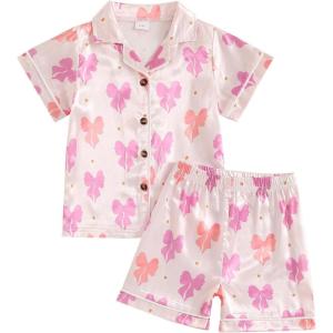 imageKuriozud Toddler Kids Little Girls Summer Satin Pajamas Satin Silky Pjs Set Short Sleeve Button Down Nightwear SleepwearBowwpink
