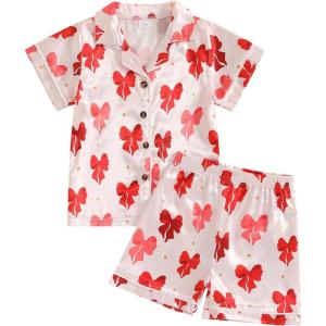 imageKuriozud Toddler Kids Little Girls Summer Satin Pajamas Satin Silky Pjs Set Short Sleeve Button Down Nightwear SleepwearBowwred