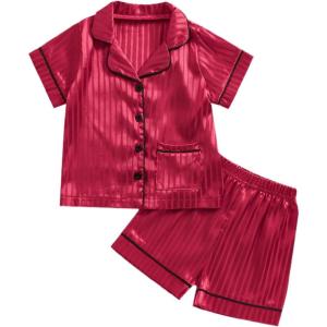 imageKuriozud Toddler Kids Little Girls Summer Satin Pajamas Satin Silky Pjs Set Short Sleeve Button Down Nightwear SleepwearRed