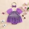 imageKuriozud Newborn Baby Girl Summer Clothes Sequin Fringe Romper Dress Puff Short Sleeve Tulle Romper Cute Sparkling ClothesPurple