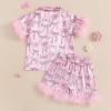 imageKuriozud Toddler Girl 4th of July Silk Satin Pajama Set Baby Fourth of July Pjs Girl Feather Trim Sleeve Nightgown PjsBowpink
