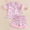 imageKuriozud Toddler Girl 4th of July Silk Satin Pajama Set Baby Fourth of July Pjs Girl Feather Trim Sleeve Nightgown PjsBowpink