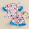 imageKuriozud Toddler Girl 4th of July Silk Satin Pajama Set Baby Fourth of July Pjs Girl Feather Trim Sleeve Nightgown PjsMemorial Dayblue
