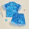 imageKuriozud Toddler Girl 4th of July Silk Satin Pajama Set Baby Fourth of July Pjs Girl Feather Trim Sleeve Nightgown PjsUsaddblue