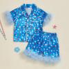 imageKuriozud Toddler Girl 4th of July Silk Satin Pajama Set Baby Fourth of July Pjs Girl Feather Trim Sleeve Nightgown PjsUsaddblue