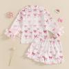 imageKuriozud Toddler Girl Satin Pajamas Set Summer Short Sleeve Button Down Shirt Top and Shorts 2pcs Pjs Sets SleepwearBow Ruffle White