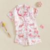 imageKuriozud Toddler Girl Satin Pajamas Set Summer Short Sleeve Button Down Shirt Top and Shorts 2pcs Pjs Sets SleepwearBow White