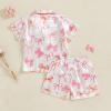 imageKuriozud Toddler Girl Satin Pajamas Set Summer Short Sleeve Button Down Shirt Top and Shorts 2pcs Pjs Sets SleepwearBow White