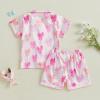 imageKuriozud Toddler Girl Satin Pajamas Set Summer Short Sleeve Button Down Shirt Top and Shorts 2pcs Pjs Sets SleepwearMulticolor Bows Pink