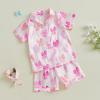 imageKuriozud Toddler Girl Satin Pajamas Set Summer Short Sleeve Button Down Shirt Top and Shorts 2pcs Pjs Sets SleepwearMulticolor Bows Pink
