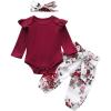 imageKuriozud Baby Girl 2 Piece Outfits Newborn Infant Ruffle Romper Tops Floral Pants Headband Fall Winter Clothes SetA Wine Red 1