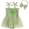 imageKuriozud Newborn Baby Girl St Patricks Day Outfit Shamrock Smocked Bubble Romper Jumpsuit Headband Spring Summer ClothesClover Green