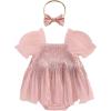 imageKuriozud Newborn Baby Girl Summer Clothes Sequin Fringe Romper Dress Puff Short Sleeve Tulle Romper Cute Sparkling ClothesPink