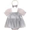 imageKuriozud Newborn Baby Girl Summer Clothes Sequin Fringe Romper Dress Puff Short Sleeve Tulle Romper Cute Sparkling ClothesSilver