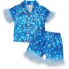 imageKuriozud Toddler Girl 4th of July Silk Satin Pajama Set Baby Fourth of July Pjs Girl Feather Trim Sleeve Nightgown PjsUsaddblue
