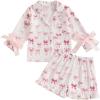 imageKuriozud Toddler Girl Satin Pajamas Set Summer Short Sleeve Button Down Shirt Top and Shorts 2pcs Pjs Sets SleepwearBow Ruffle White