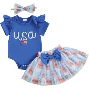 imageKuriozud 4th of July Baby Girl Dress Outfits USA Romper BodysuitTutu Skirt Set Newborn Girl First Fourth of July ClothesBlue