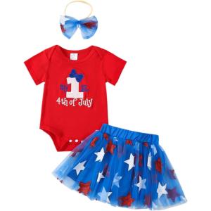 imageKuriozud 4th of July Baby Girl Dress Outfits USA Romper BodysuitTutu Skirt Set Newborn Girl First Fourth of July ClothesRed