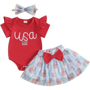 imageKuriozud 4th of July Baby Girl Dress Outfits USA Romper BodysuitTutu Skirt Set Newborn Girl First Fourth of July ClothesRed Blue