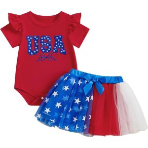 imageKuriozud 4th of July Baby Girl Dress Outfits USA Romper BodysuitTutu Skirt Set Newborn Girl First Fourth of July ClothesRed Usa