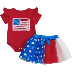imageKuriozud 4th of July Baby Girl Dress Outfits USA Romper BodysuitTutu Skirt Set Newborn Girl First Fourth of July ClothesRed Usa Flag