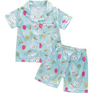 imageKuriozud 4th of July Baby Girl Pajamas Silk Stain Pjs Summer Shirt TopsShorts 2Piece Set Toddler Kids Little Girl SleepwearBlue Bunnyeggs