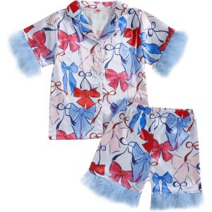 imageKuriozud 4th of July Baby Girl Pajamas Silk Stain Pjs Summer Shirt TopsShorts 2Piece Set Toddler Kids Little Girl SleepwearJuly 4th White Red Blue
