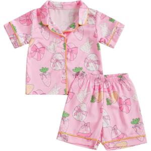 imageKuriozud 4th of July Baby Girl Pajamas Silk Stain Pjs Summer Shirt TopsShorts 2Piece Set Toddler Kids Little Girl SleepwearPink Bunny Eggs Bow