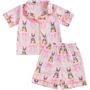 imageKuriozud 4th of July Baby Girl Pajamas Silk Stain Pjs Summer Shirt TopsShorts 2Piece Set Toddler Kids Little Girl SleepwearPink Bunny Hug Egg