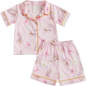 imageKuriozud 4th of July Baby Girl Pajamas Silk Stain Pjs Summer Shirt TopsShorts 2Piece Set Toddler Kids Little Girl SleepwearPink Bunny With Bow