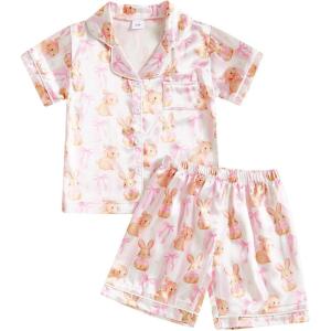 imageKuriozud 4th of July Baby Girl Pajamas Silk Stain Pjs Summer Shirt TopsShorts 2Piece Set Toddler Kids Little Girl SleepwearPink Bunnybow