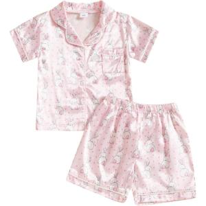 imageKuriozud 4th of July Baby Girl Pajamas Silk Stain Pjs Summer Shirt TopsShorts 2Piece Set Toddler Kids Little Girl SleepwearPink Bunnydot