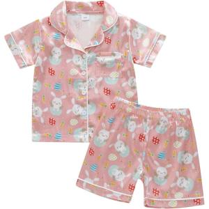 imageKuriozud 4th of July Baby Girl Pajamas Silk Stain Pjs Summer Shirt TopsShorts 2Piece Set Toddler Kids Little Girl SleepwearPink Bunnyeggs