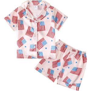 imageKuriozud 4th of July Baby Girl Pajamas Silk Stain Pjs Summer Shirt TopsShorts 2Piece Set Toddler Kids Little Girl SleepwearPink Flag