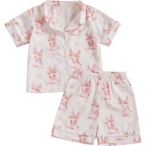 imageKuriozud 4th of July Baby Girl Pajamas Silk Stain Pjs Summer Shirt TopsShorts 2Piece Set Toddler Kids Little Girl SleepwearPink Smile Bunny