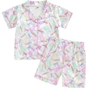 imageKuriozud 4th of July Baby Girl Pajamas Silk Stain Pjs Summer Shirt TopsShorts 2Piece Set Toddler Kids Little Girl SleepwearWhite Bunny