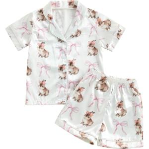 imageKuriozud 4th of July Baby Girl Pajamas Silk Stain Pjs Summer Shirt TopsShorts 2Piece Set Toddler Kids Little Girl SleepwearWhite Bunnybow