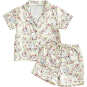 imageKuriozud 4th of July Baby Girl Pajamas Silk Stain Pjs Summer Shirt TopsShorts 2Piece Set Toddler Kids Little Girl SleepwearWhite Bunnyflowers