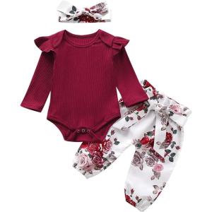 imageKuriozud Baby Girl 2 Piece Outfits Newborn Infant Ruffle Romper Tops Floral Pants Headband Fall Winter Clothes SetA Wine Red 1