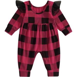 imageKuriozud Baby Girl Plaid Outfit Long Sleeve Ruffle Romper Jumpsuit Christmas Outfit Newborn Girl Fall ClothesBuffalo Plaid Red