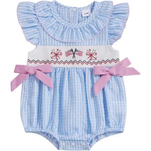 imageKuriozud Newborn Baby Girl 4th of July Outfit Cute Bow Bubble Romper Jumpsuit Infant Girl Fourth of July Summer ClothesAmerican Flag Fireworks Blue